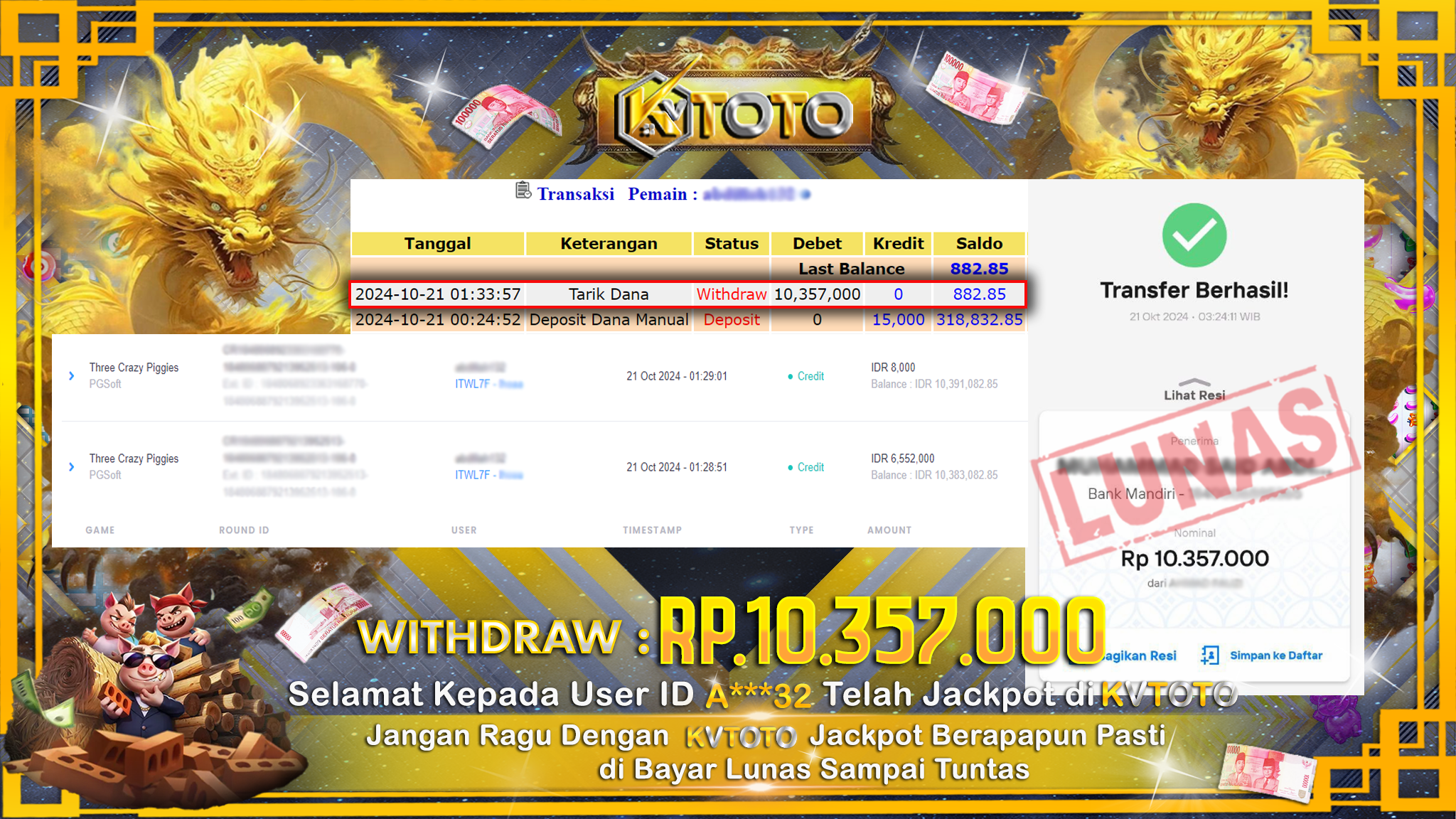 ✨ JACKPOT Di SLOT THREE CRAZY PIGGIES ✨