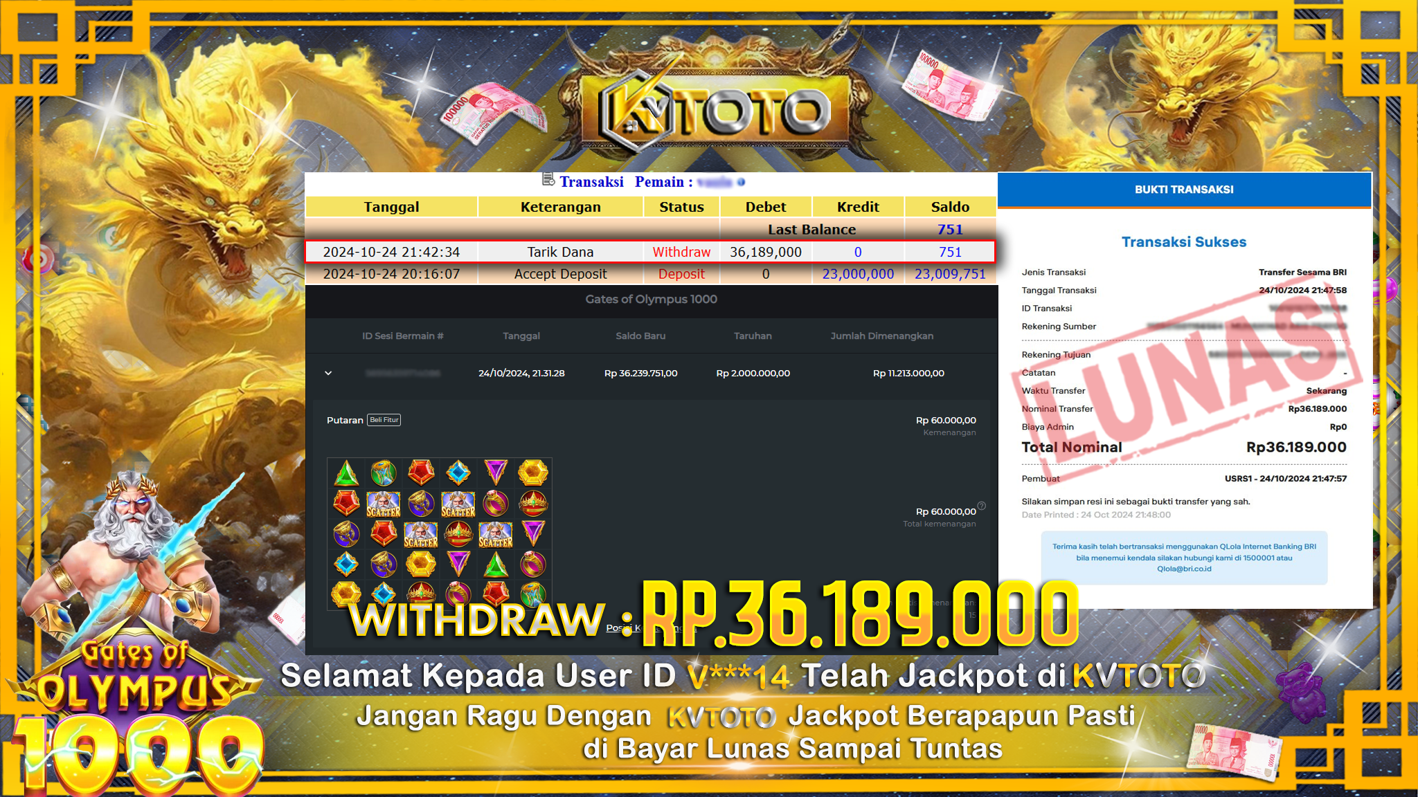 ✨ JACKPOT Di SLOT GATES OF OLYMPUS 1000 ✨