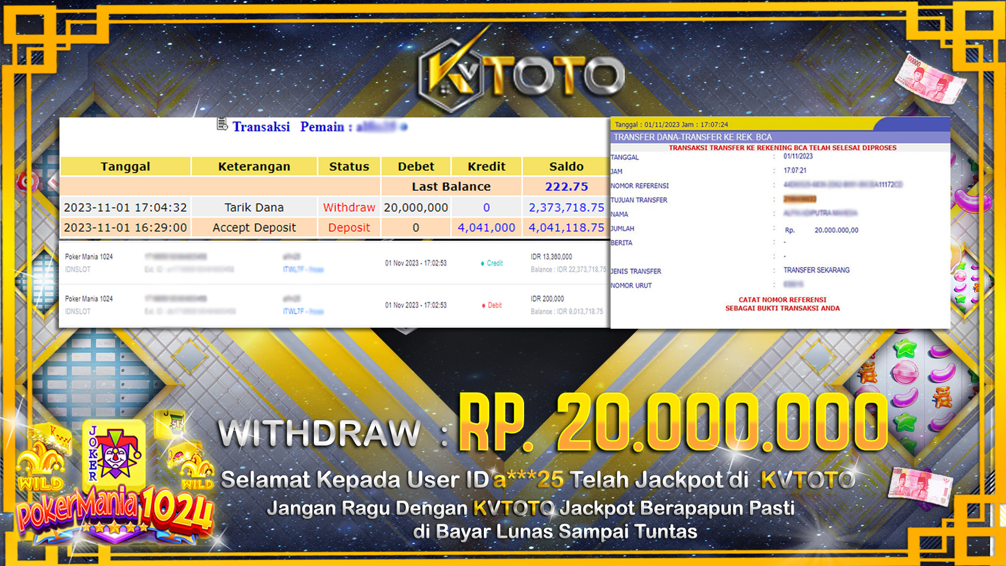 JACKPOT DI KVTOTO POKER MANIA 1024 LANGSUNG DI BAYAR LUNAS DAN CEPAT HANYA DI KVTOTO BOSKU!!