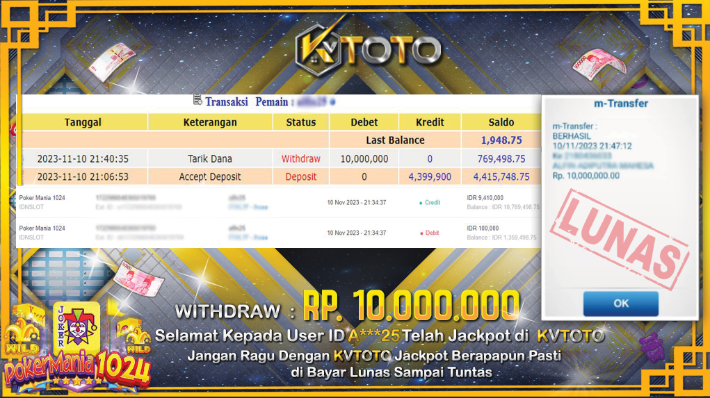 JACKPOT DI KVTOTO POKERMANIA 1024 LANGSUNG DI BAYAR LUNAS DAN CEPAT HANYA DI KVTOTO BOSKU!!