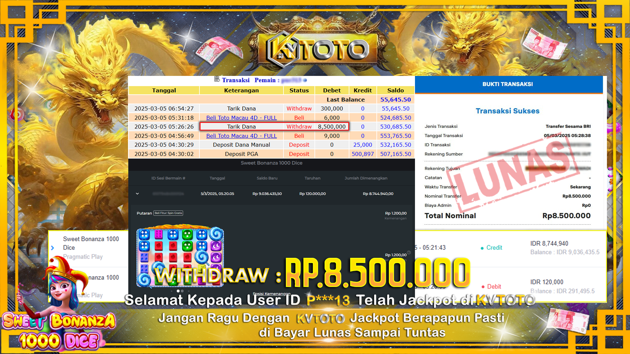 ✨ JACKPOT Di SLOT SWEET BONANZA 1000 DICE ✨