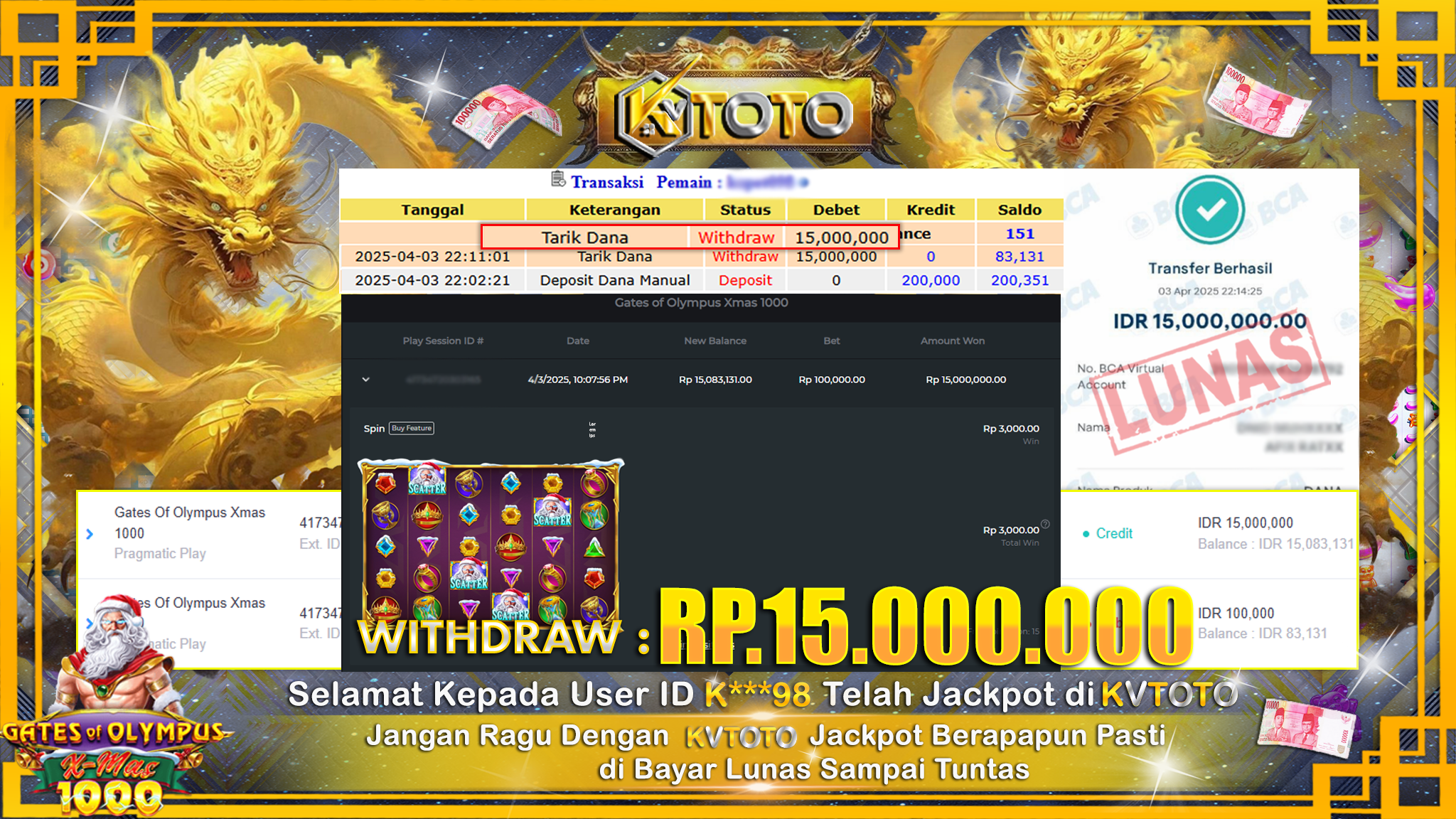 ✨ JACKPOT Di SLOT GATES OF OLYMPUS XMAS 1000✨