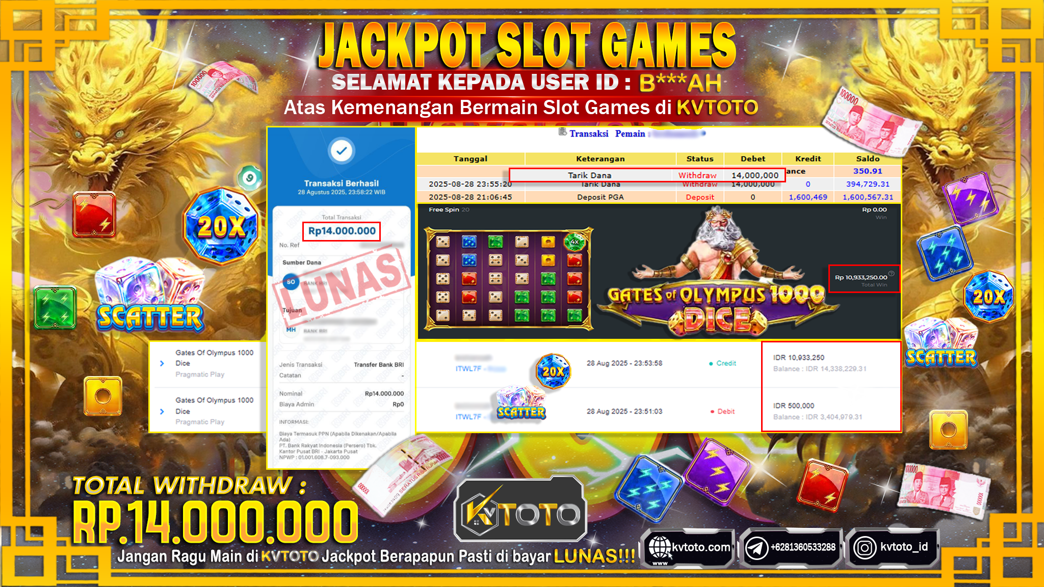 ✨ JACKPOT Di SLOT GATES OF OLYMPUS 1000 DICE ✨