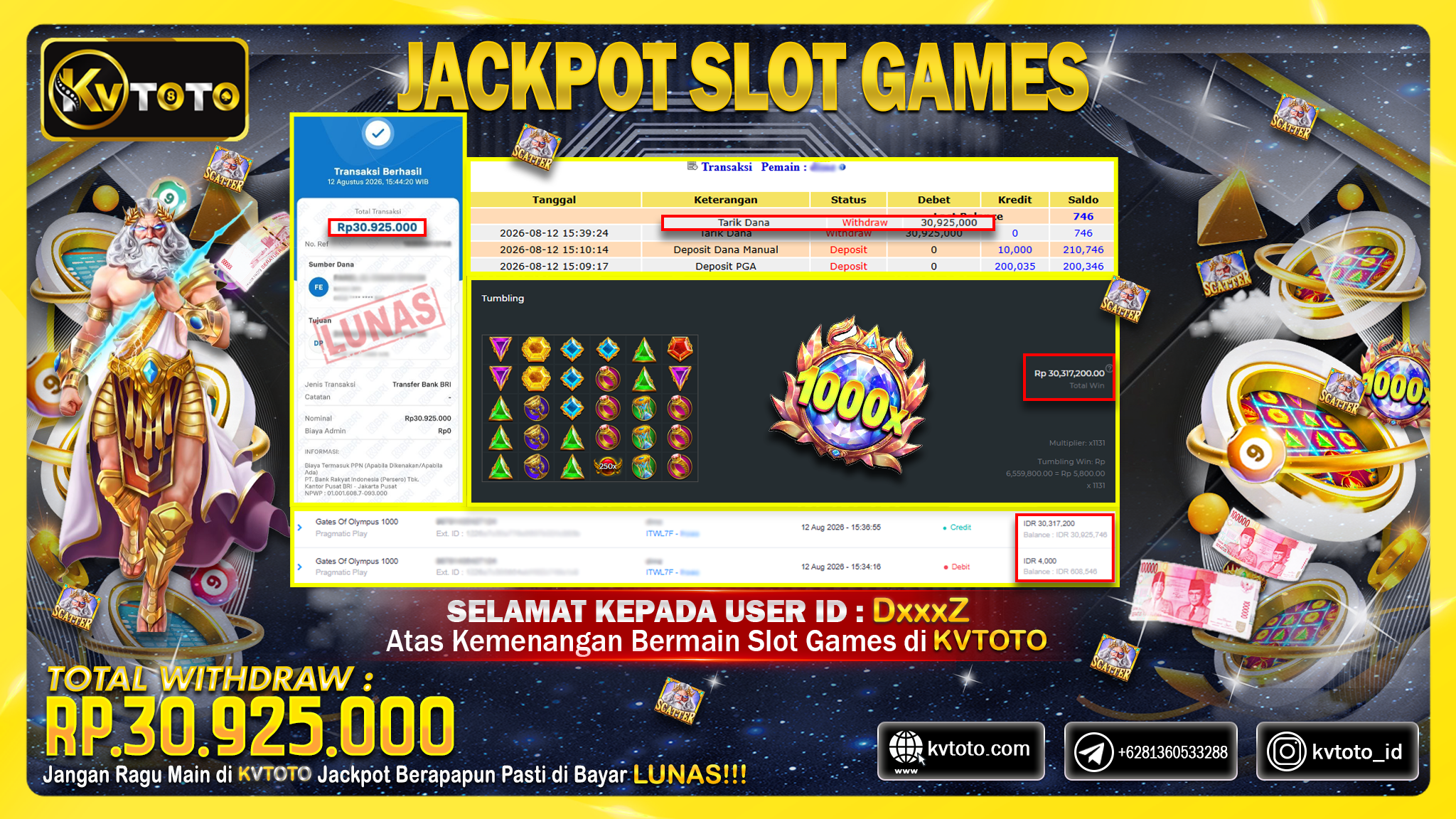 ✨ JACKPOT Di PERMAINAN GATES OF OLYMPUS 1000 ✨