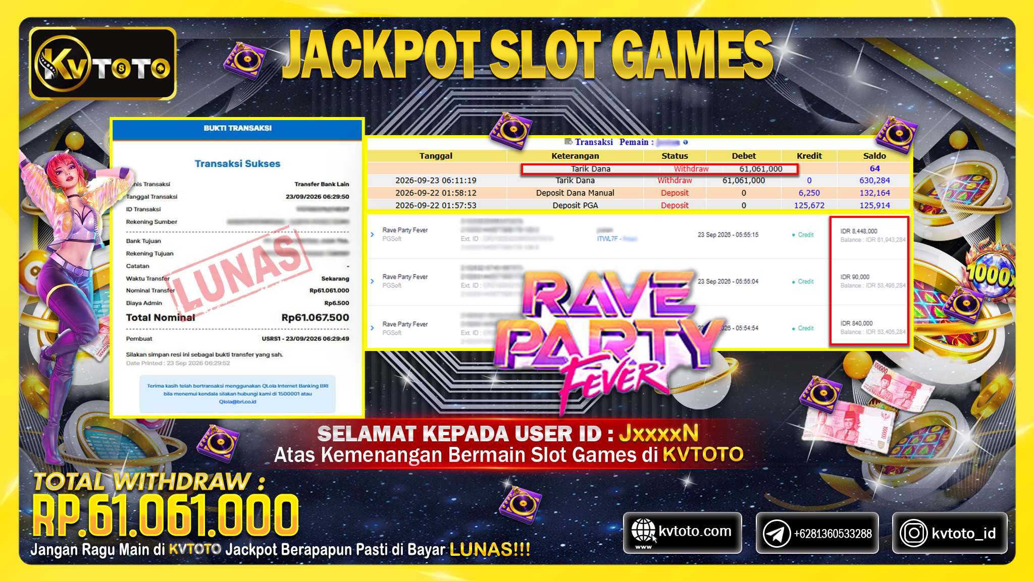 KVTOTO JACKPOT RAVE PARTY FEVER  Rp.61,061,000,- PASTI DIBAYAR LUNAS DAN CEPAT!!!!