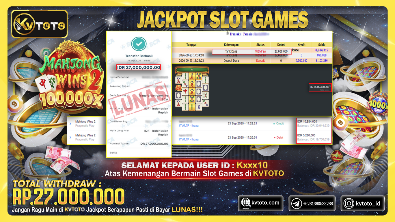 KVTOTO JACKPOT MAHJONG WINS 2  Rp.27,000,000,- PASTI DIBAYAR LUNAS DAN CEPAT!!!!